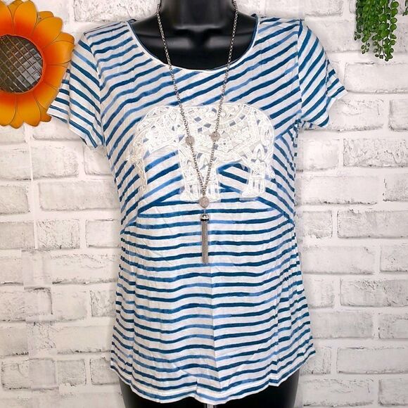 Ann Taylor Crochet Elephant Lace Striped Tshirt Tee Top Size XS Boho Hippie - Picture 1 of 7